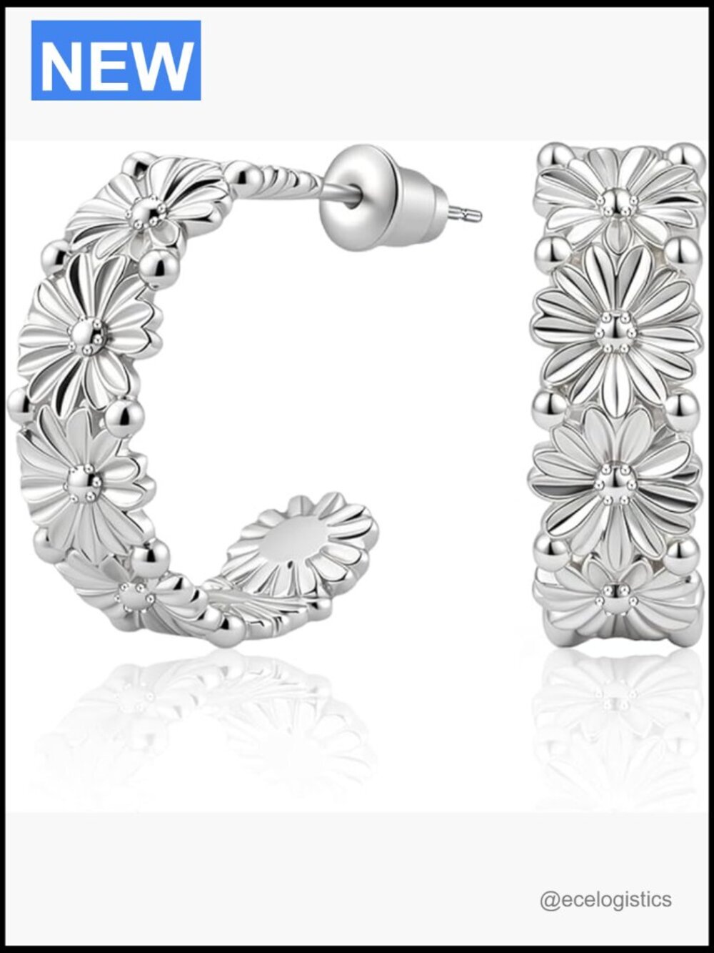 925 Silver Half Hoop Daisy Flower Earrings Chunky Thick Floral Studs
